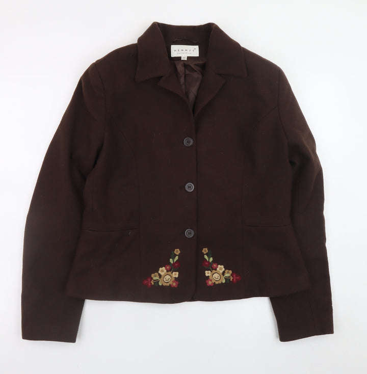 Hennes Women Brown Wool Blend Embroidered Blazer Jacket Size 16