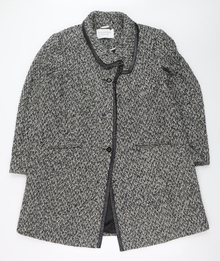 Windsmoor Women's Black Herringbone Wool Blend Mid-Length Overcoat Size 18