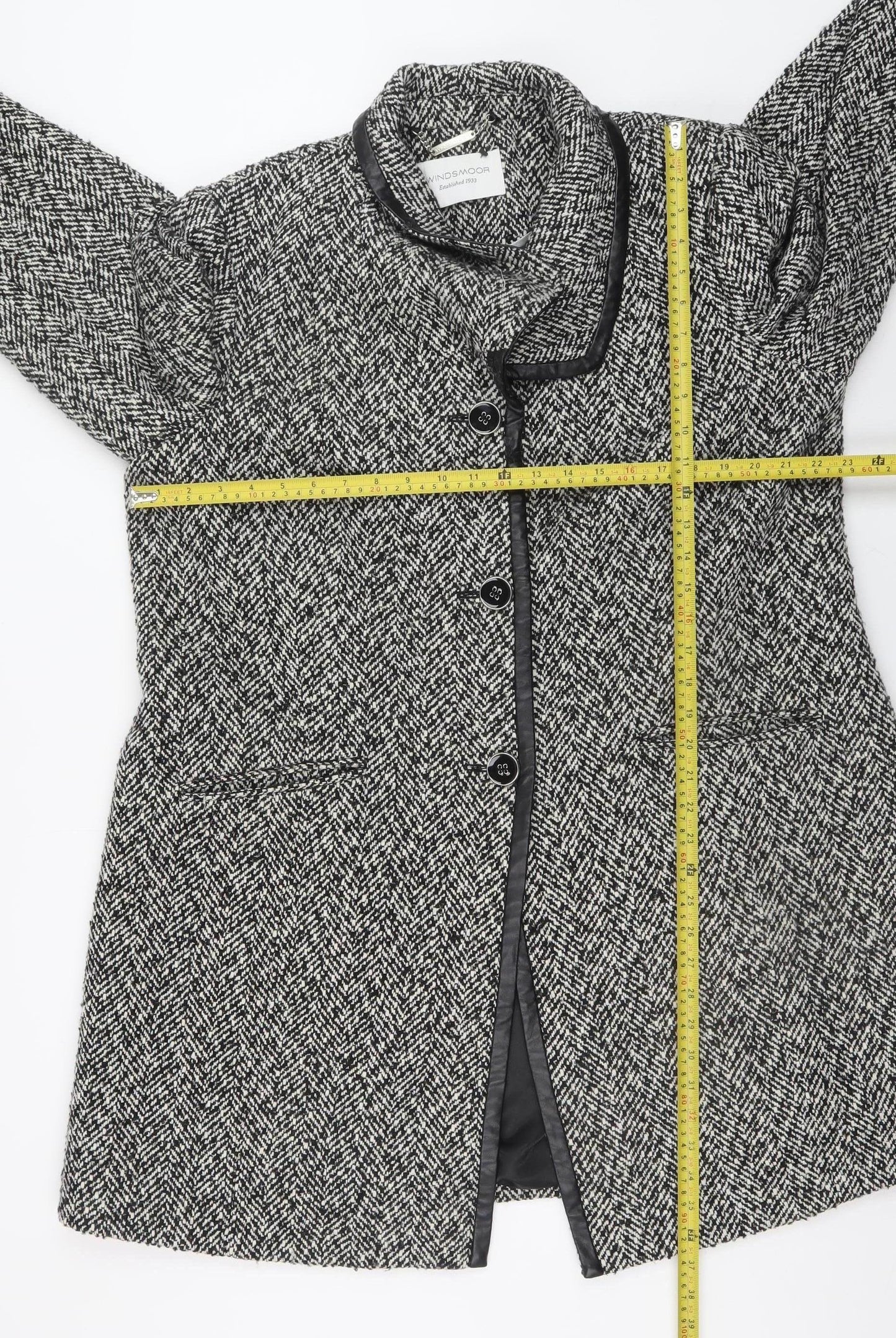 Windsmoor Women's Black Herringbone Wool Blend Mid-Length Overcoat Size 18