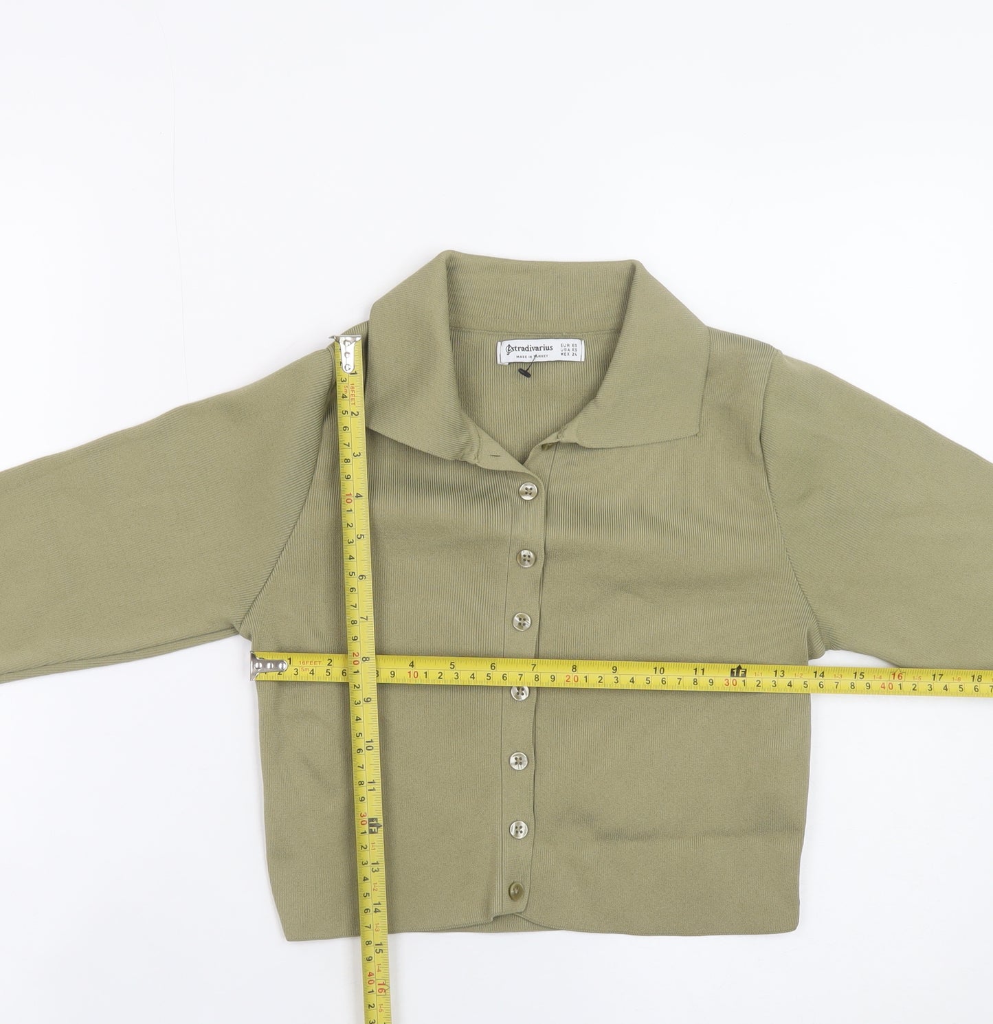 Stradivarius Women's Green Cropped Collared Button-Up Top XS