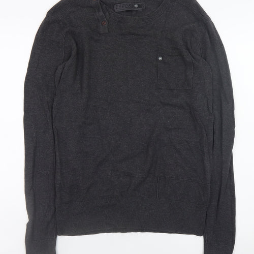 Fly53 Men Black Cotton Crew Neck Button Pullover Jumper M