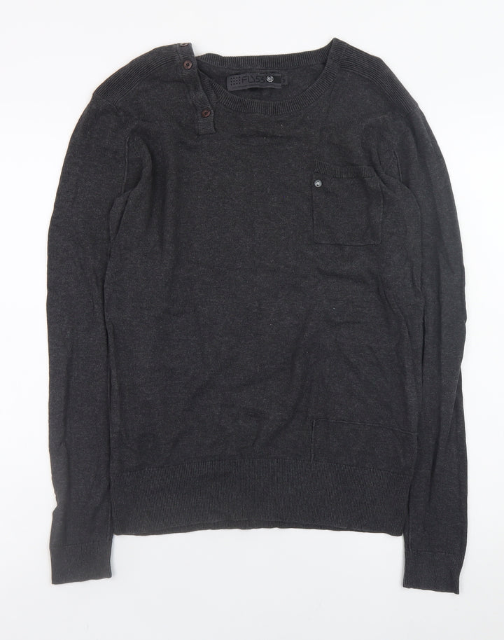 Fly53 Men Black Cotton Crew Neck Button Pullover Jumper M