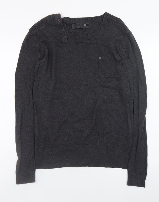 Fly53 Men Black Cotton Crew Neck Button Pullover Jumper M