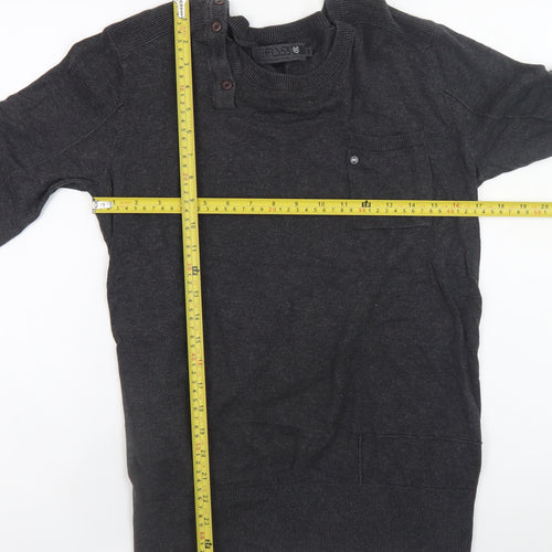 Fly53 Men Black Cotton Crew Neck Button Pullover Jumper M