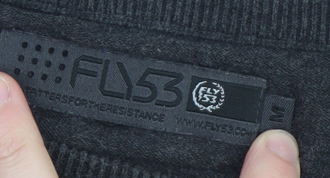 Fly53 Men Black Cotton Crew Neck Button Pullover Jumper M