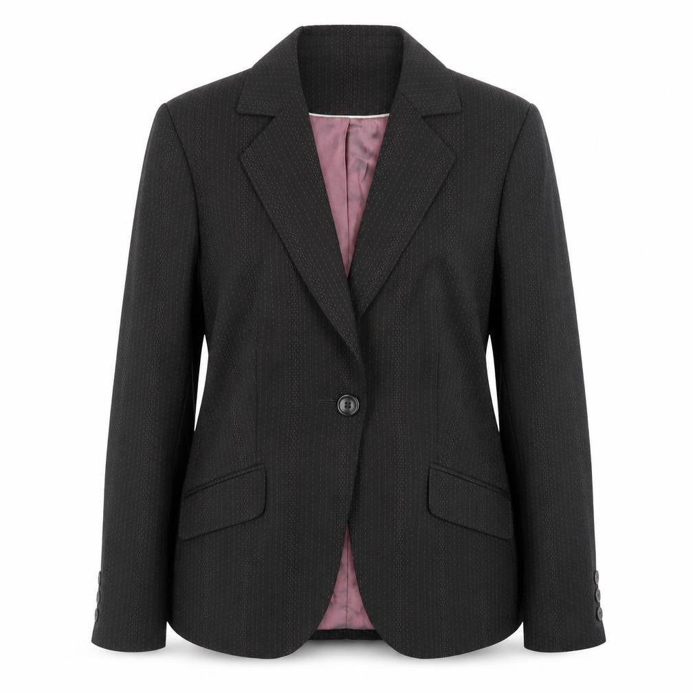 Front view of Next women’s black wool blend pinstripe blazer, size UK 12