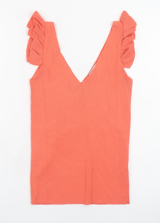 Next Women's Orange Ruffle Sleeve V-Neck Knit Tank Top Size 6