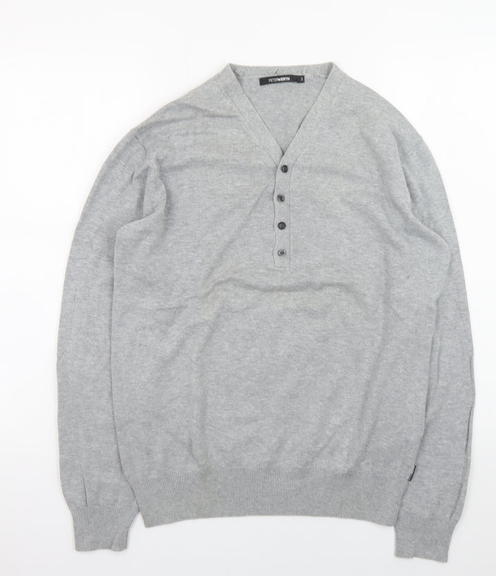 Peter Werth Men's Grey Cotton Henley Jumper Size M