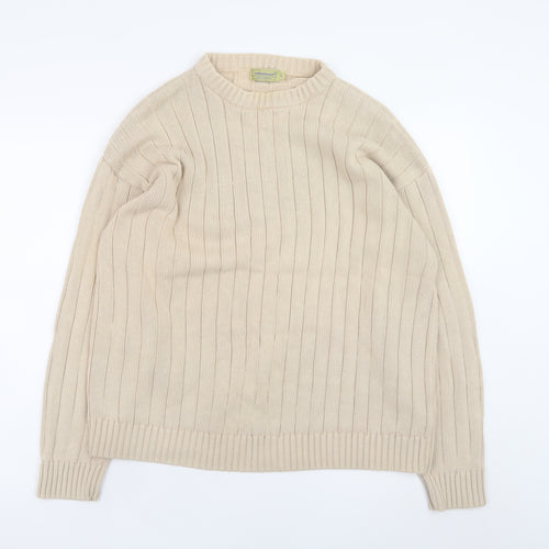 Cottonloom Men Beige Rib Knit Cotton Pullover Jumper L
