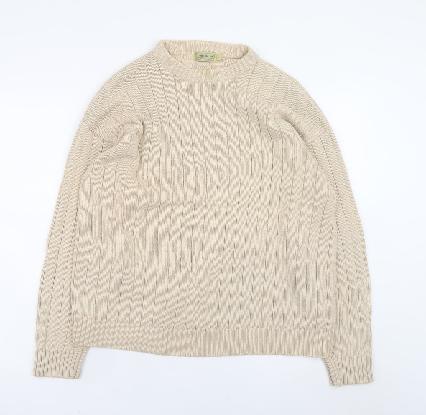 Cottonloom Men Beige Rib Knit Cotton Pullover Jumper L