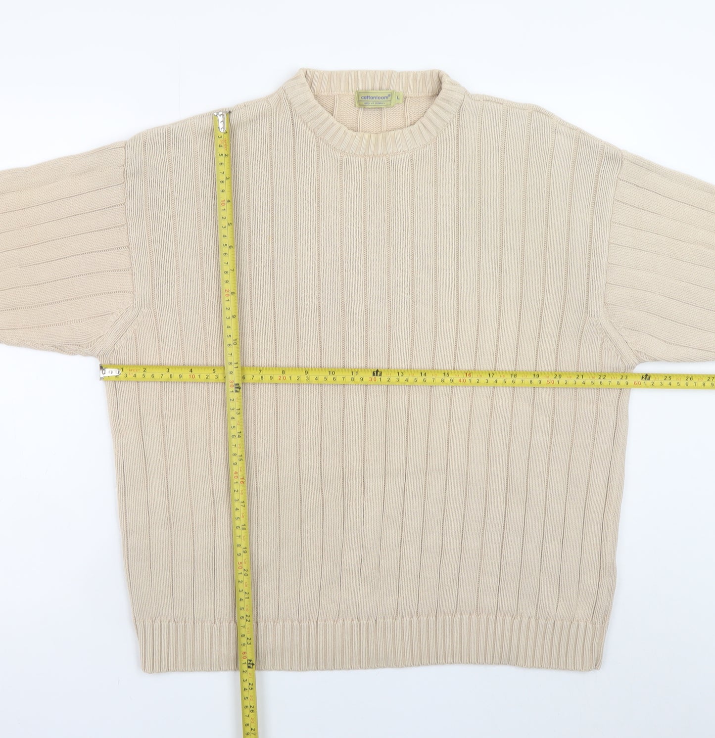 Cottonloom Men Beige Rib Knit Cotton Pullover Jumper L