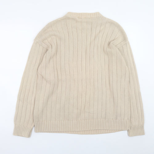 Cottonloom Men Beige Rib Knit Cotton Pullover Jumper L
