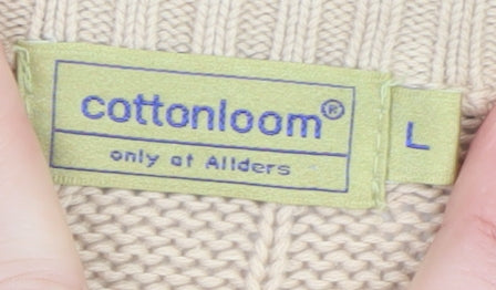 Cottonloom Men Beige Rib Knit Cotton Pullover Jumper L