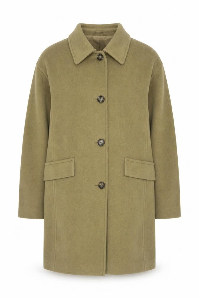 Front view of Marks & Spencer Women's Beige Mid-Length Wool Look Overcoat, size 14