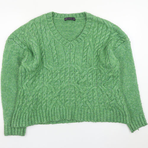 Marks and Spencer Women's Green Cable-Knit V-Neck Jumper Size M