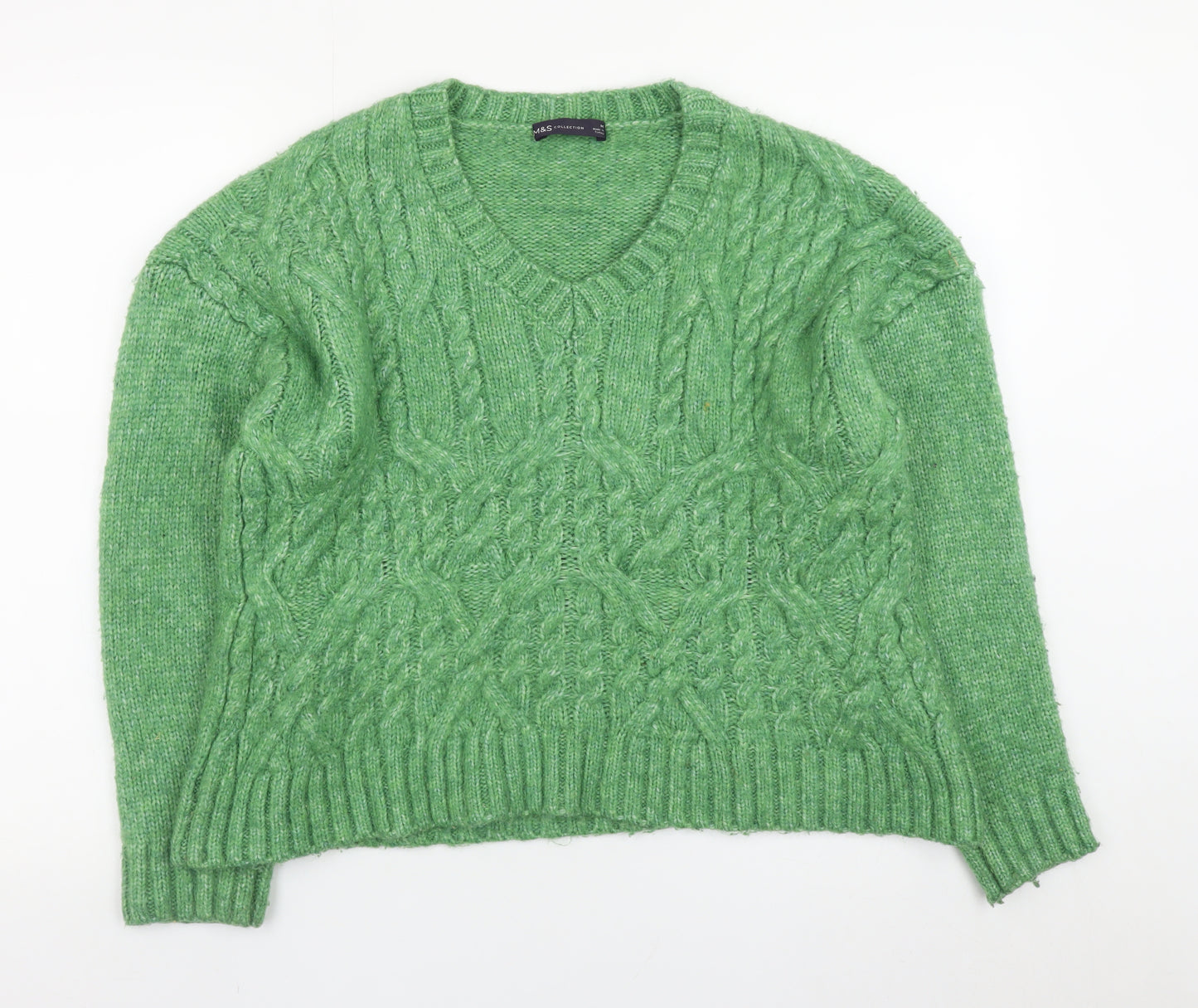Marks and Spencer Women's Green Cable-Knit V-Neck Jumper Size M