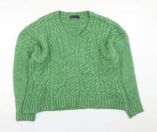 Marks and Spencer Women's Green Cable-Knit V-Neck Jumper Size M