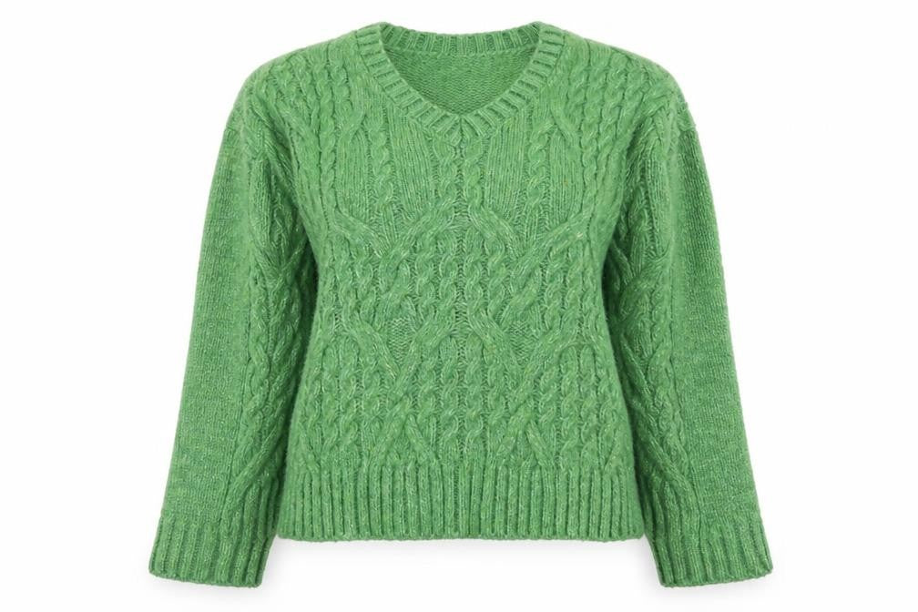 Front view of Marks & Spencer Women's Green Cable-Knit V-Neck Jumper, size M