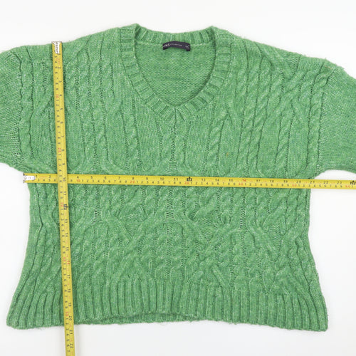Marks and Spencer Women's Green Cable-Knit V-Neck Jumper Size M