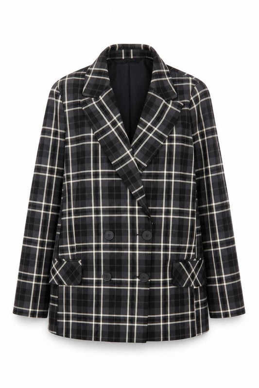 Front view of Primark Women's Black Check Blazer, size 12, Classic Lined Workwear Jacket