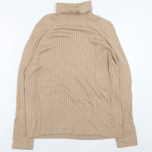 Next Women Beige Ribbed Roll Neck Jumper Large Viscose Cotton Blend