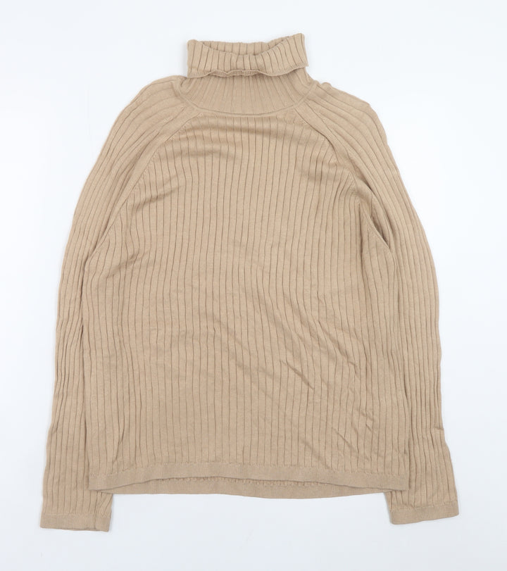 Next Women Beige Ribbed Roll Neck Jumper Large Viscose Cotton Blend