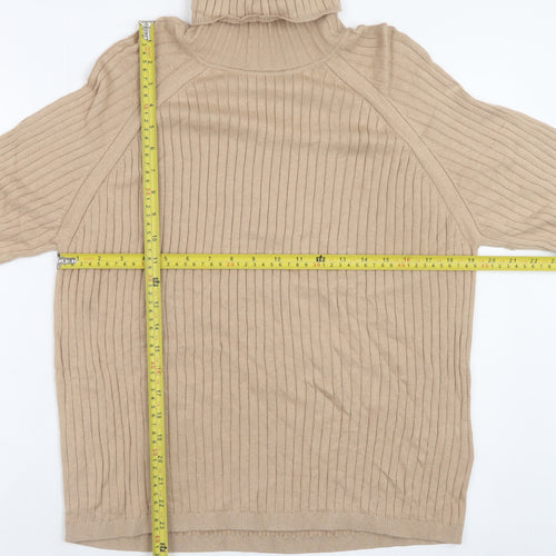 Next Women Beige Ribbed Roll Neck Jumper Large Viscose Cotton Blend