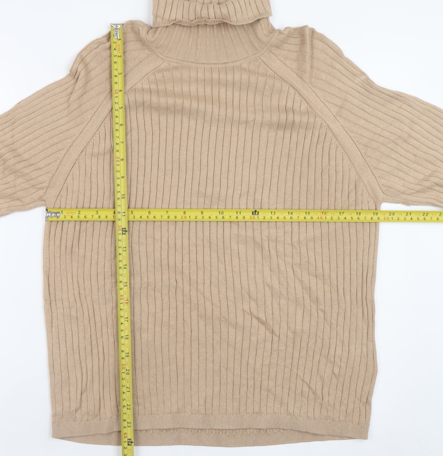 Next Women Beige Ribbed Roll Neck Jumper Large Viscose Cotton Blend