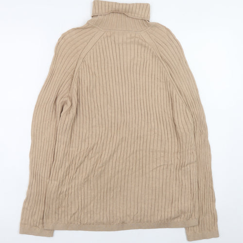 Next Women Beige Ribbed Roll Neck Jumper Large Viscose Cotton Blend