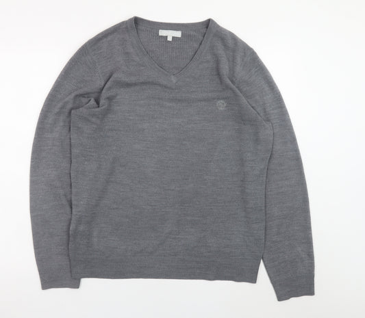 Red Herring Men's Grey V-Neck Acrylic Jumper Size L