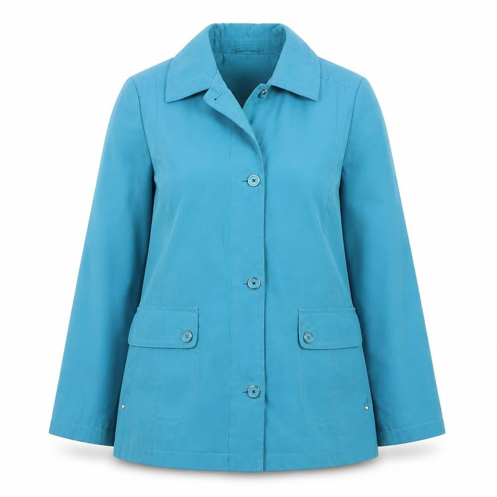 Front view of EWM Women Blue, size 14, Mid-Length Button Jacket