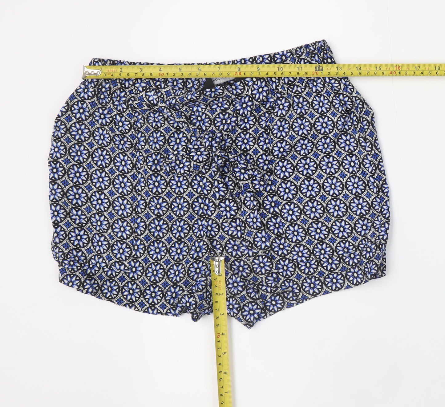 Dorothy Perkins Women Blue Geometric Viscose Paperbag Shorts Size 6