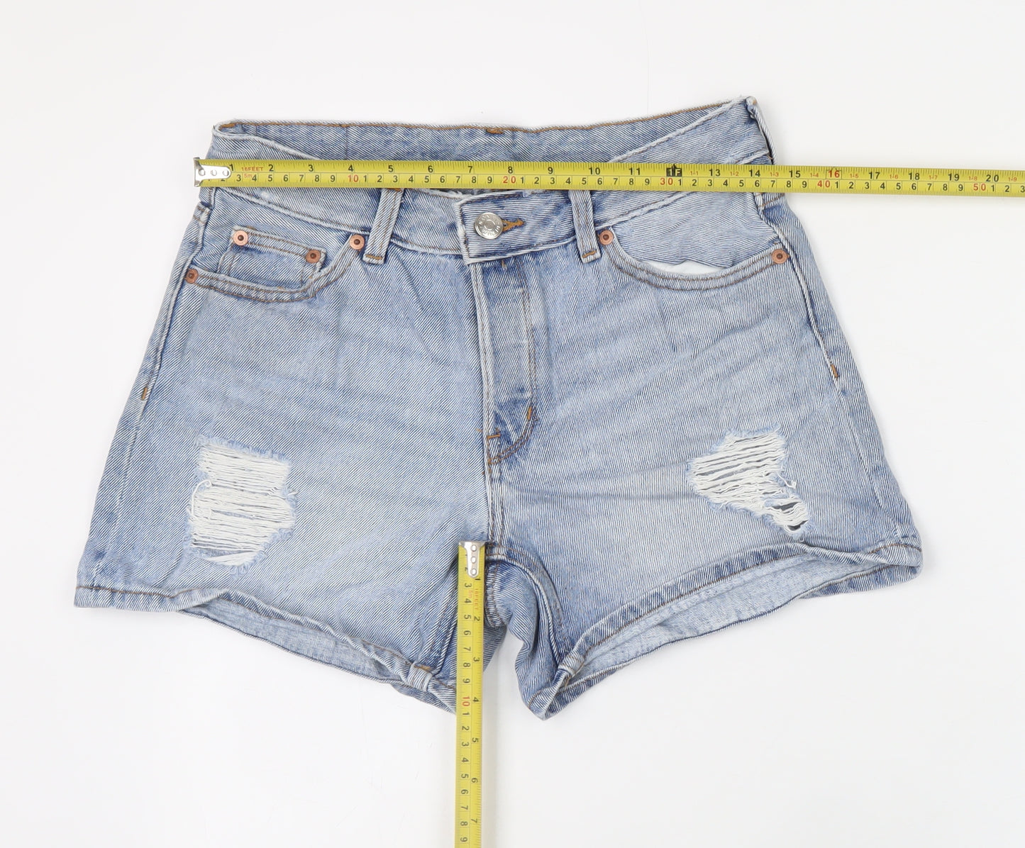 Monki Women’s Blue Denim Mom Shorts Size 8 High Rise Distressed