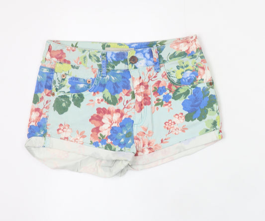 Topshop Women Multicoloured Floral Denim Hot Pants Shorts Size 10