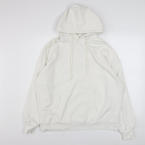 Pull & Bear Women White Cotton Pullover Hoodie Size L Casual