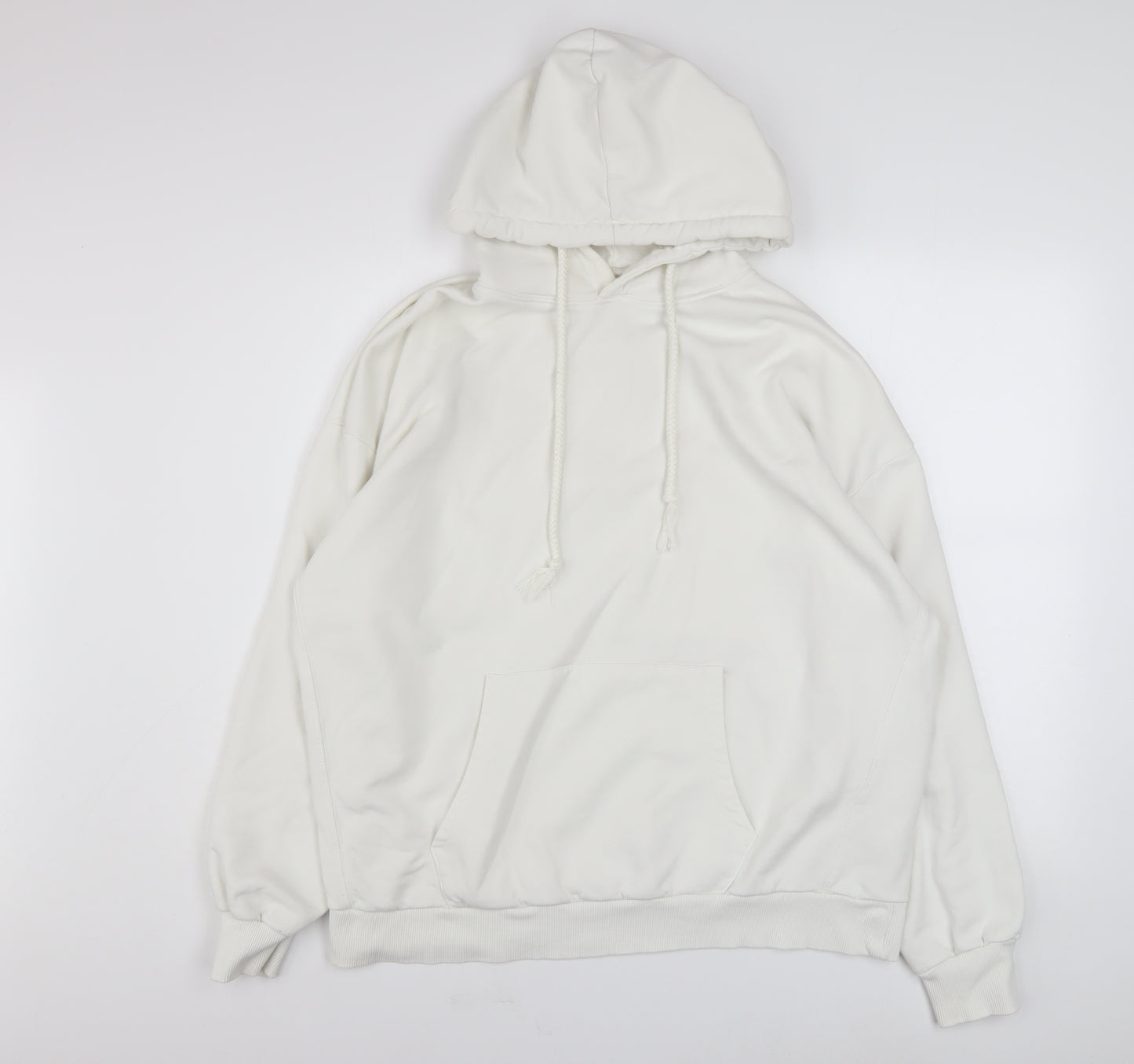 Pull & Bear Women White Cotton Pullover Hoodie Size L Casual