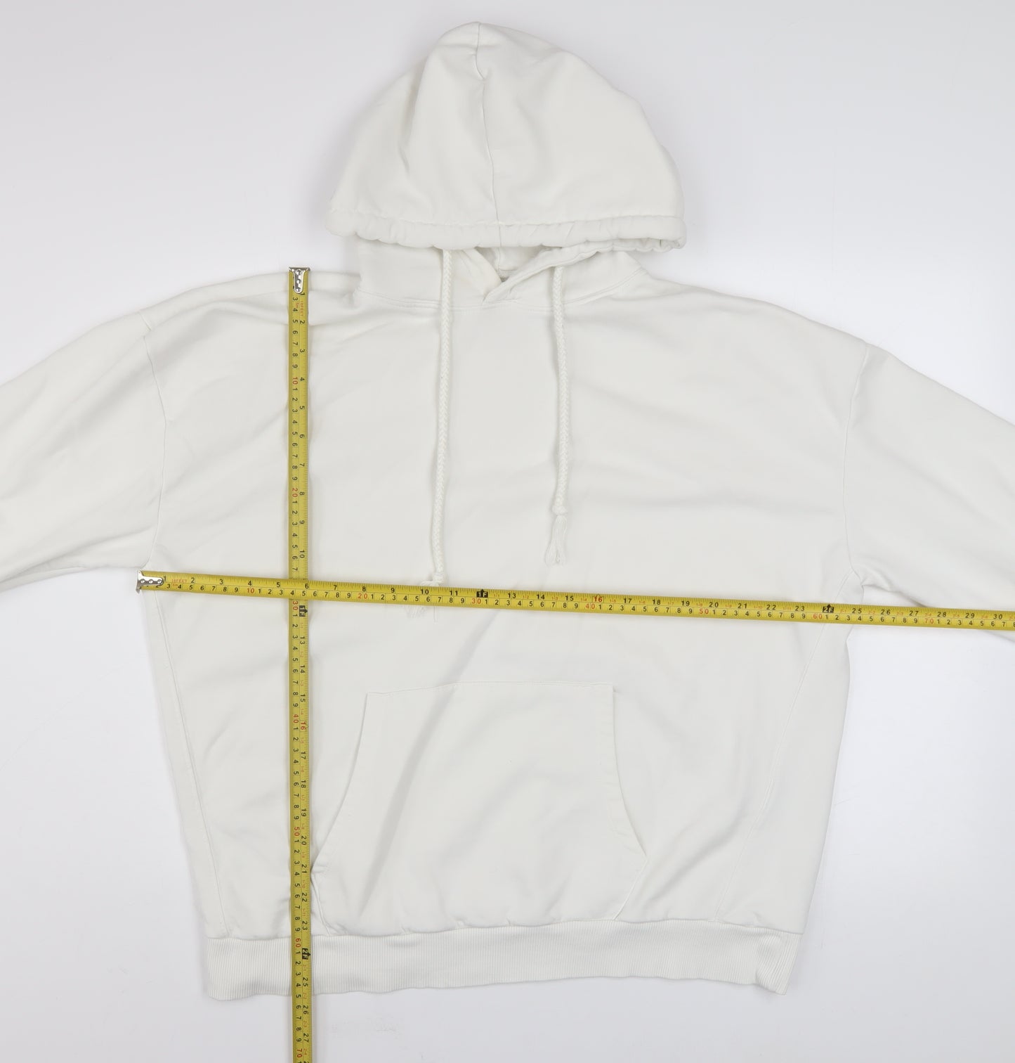 Pull & Bear Women White Cotton Pullover Hoodie Size L Casual