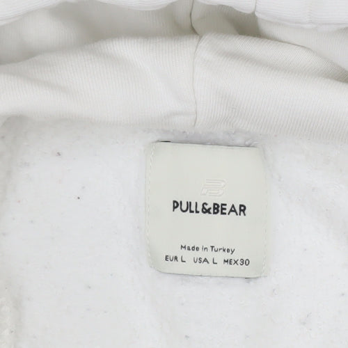 Pull & Bear Women White Cotton Pullover Hoodie Size L Casual