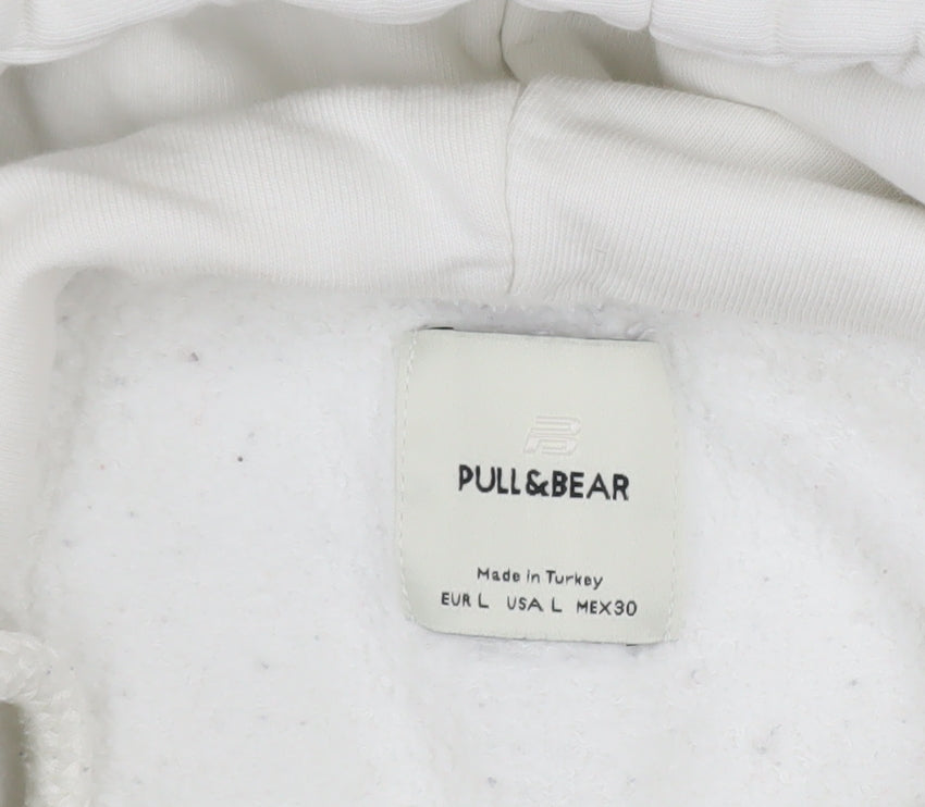 Pull & Bear Women White Cotton Pullover Hoodie Size L Casual