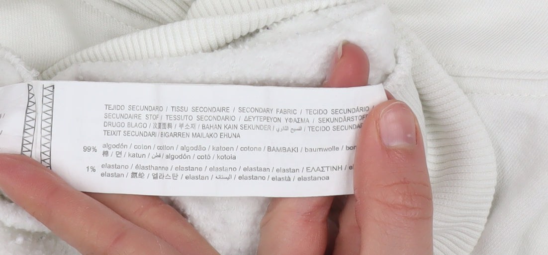 Pull & Bear Women White Cotton Pullover Hoodie Size L Casual