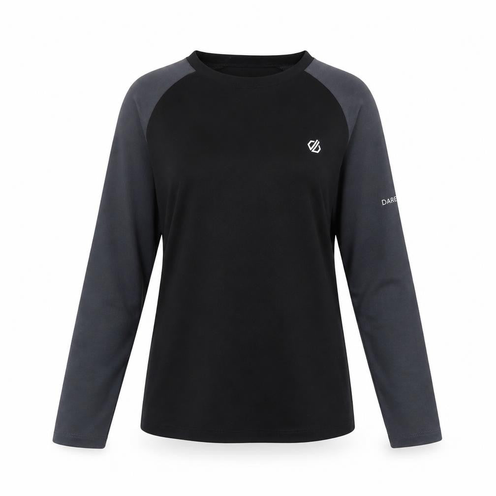 Front view of Dare 2b women’s black long sleeve polyester active top, size UK 14