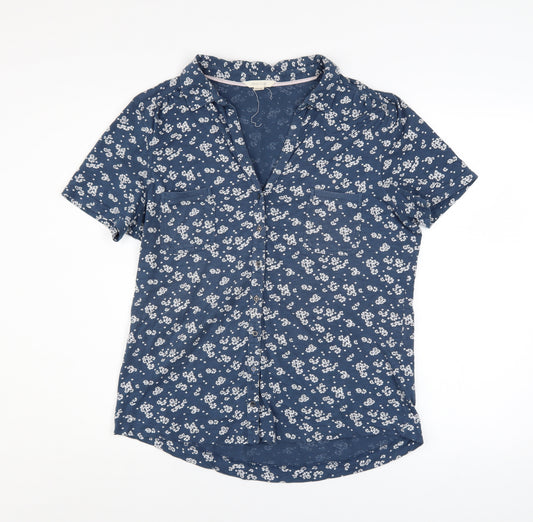 White Stuff Women's Blue Floral Cotton Short Sleeve Button-Up Shirt UK 14