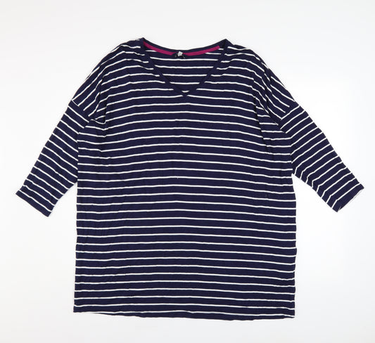 Joules Women Blue Striped Viscose Relaxed V-Neck 3/4 Sleeve T-Shirt Size 18