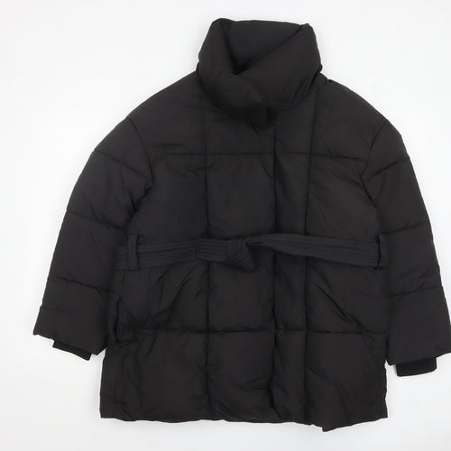 PUFFIT Women's Black Mid-Length Puffer Coat L Belted Water Resistant
