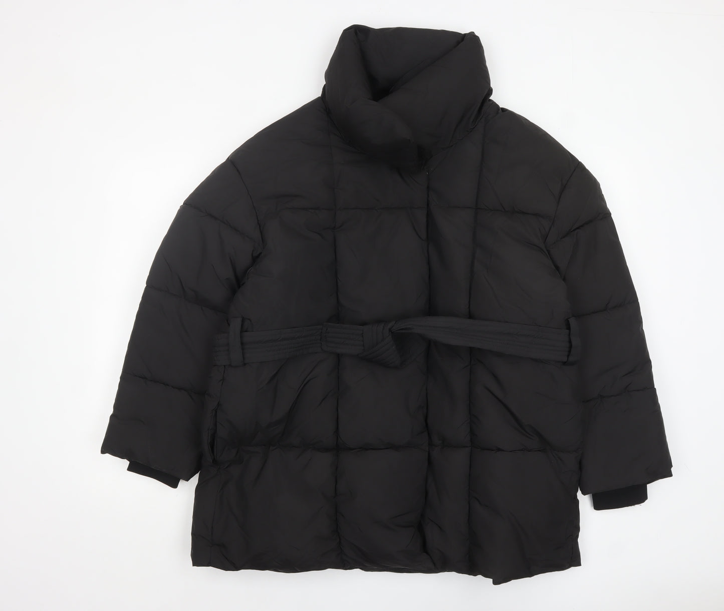 PUFFIT Women's Black Mid-Length Puffer Coat L Belted Water Resistant