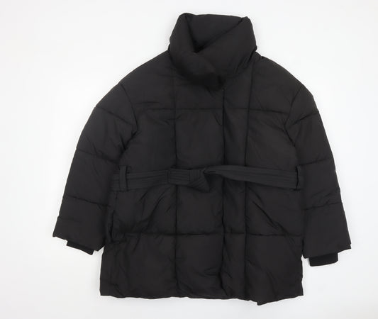 PUFFIT Women's Black Mid-Length Puffer Coat L Belted Water Resistant