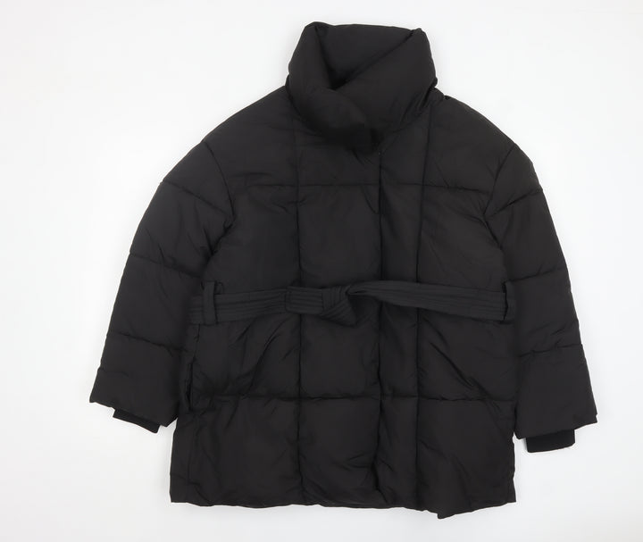 PUFFIT Women's Black Mid-Length Puffer Coat L Belted Water Resistant