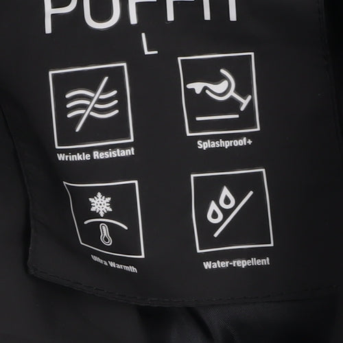 PUFFIT Women's Black Mid-Length Puffer Coat L Belted Water Resistant