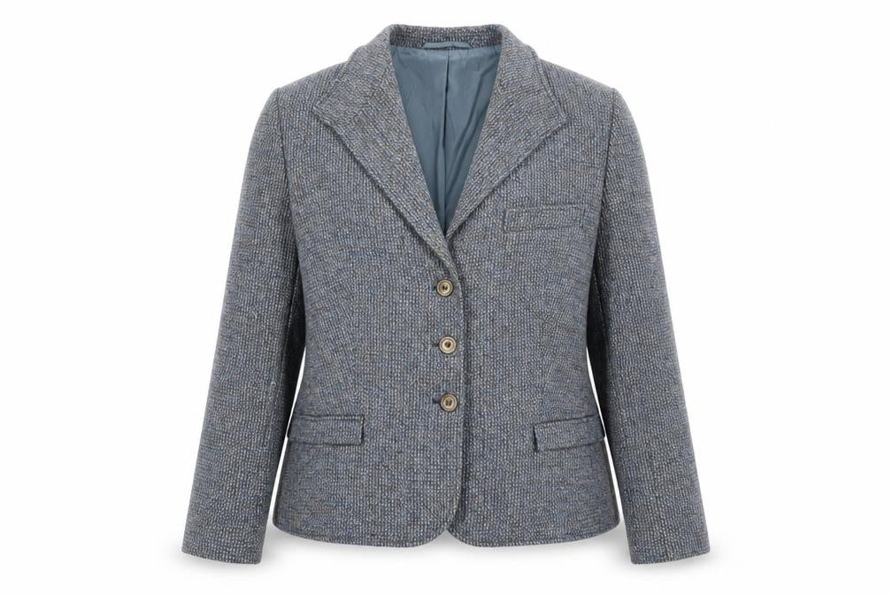 Front view of Felicitas Queisser women’s blue wool tweed single-breasted blazer uk 16