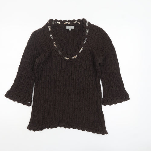Marks and Spencer Per Una Brown Knit V-Neck 3/4 Sleeve Women's Jumper M